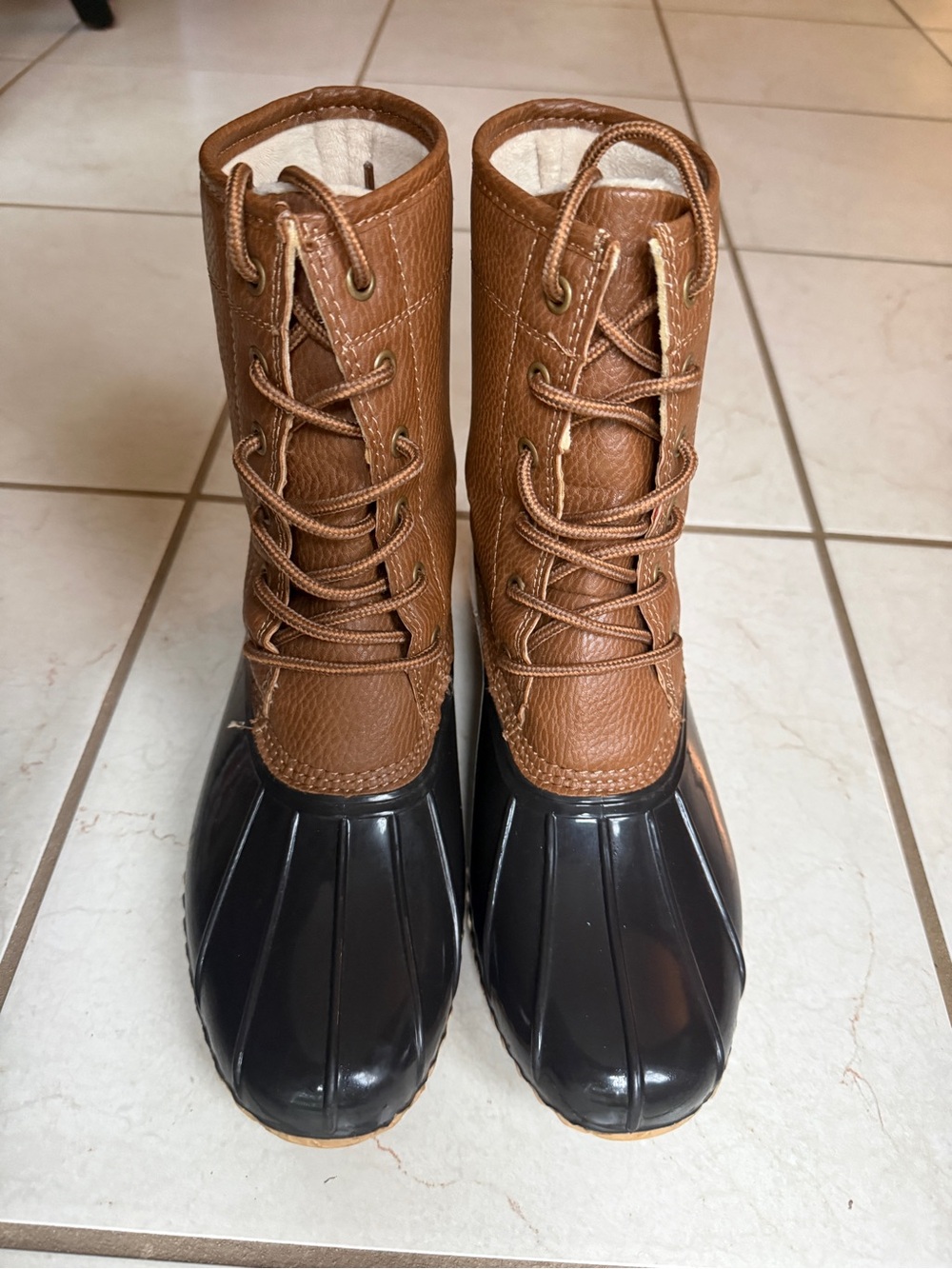 Women’s Tan and Brown Insulated Lace-Up Rain Boots